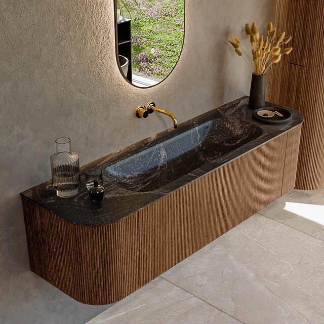 Mondiaz KURVE-DLUX 160cm badmeubel met module 25 Len R kleur Walnut met 1 lade en 2 deuren. Wastafel BIG MEDIUM midden zonder kraangat kleur Lava. KRVBGM160L+R1L2D0KM-Wal Lav