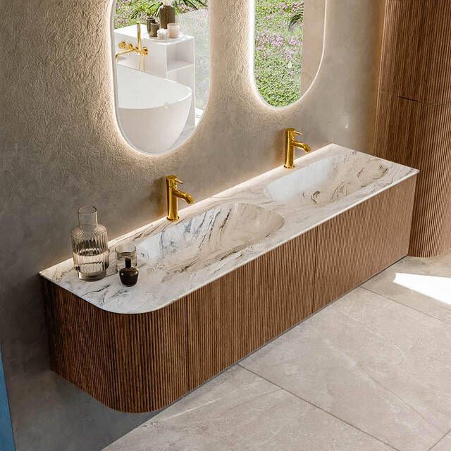 Mondiaz KURVE-DLUX 165cm badmeubel met module 25 L kleur Walnut met 2 lades en 1 deur. Wastafel STOR SMALL dubbel rechts 2 kraangaten kleur Glace. KRVSTS165L2L1D2KD-Wal Gla