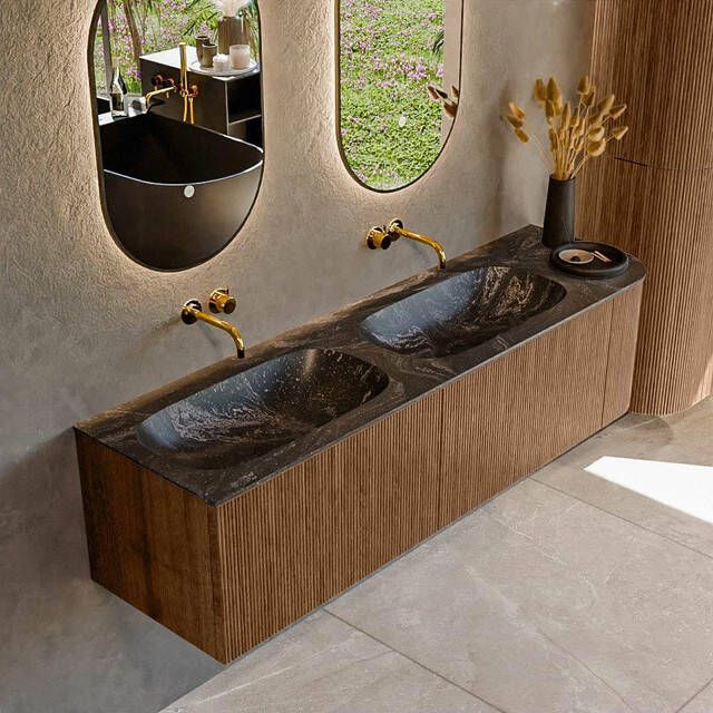 Mondiaz KURVE-DLUX 165cm badmeubel met module 25 R kleur Walnut met 2 lades en 1 deur. Wastafel STOR SMALL dubbel links zonder kraangat kleur Lava. KRVSTS165R2L1D0KD-Wal Lav