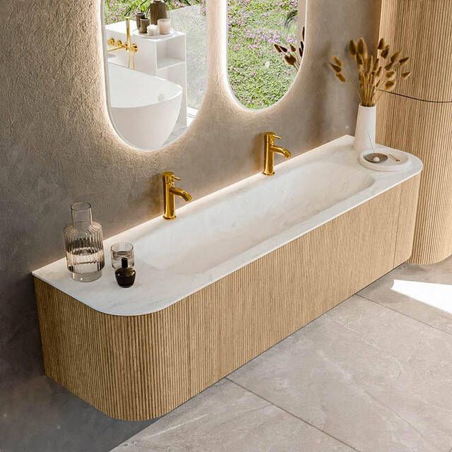 Mondiaz KURVE-DLUX 170cm badmeubel met module 25 Len R kleur Oak met 1 lade en 2 deuren. Wastafel BIG LARGE midden 2 kraangaten kleur Opalo. KRVBGL170L+R1L2D2KM-Oak Opa