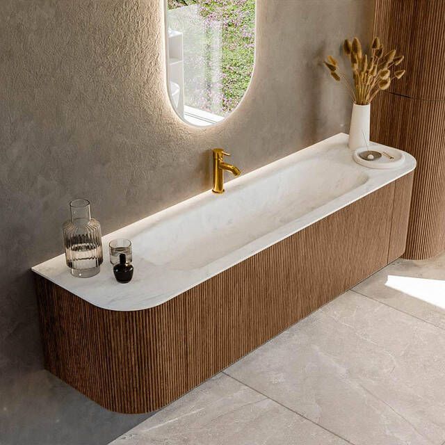 Mondiaz KURVE-DLUX 170cm badmeubel met module 25 Len R kleur Walnut met 1 lade en 2 deuren. Wastafel BIG LARGE midden 1 kraangat kleur Opalo. KRVBGL170L+R1L2D1KM-Wal Opa