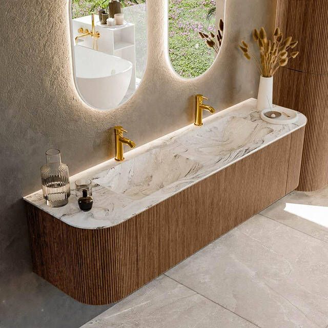 Mondiaz KURVE-DLUX 170cm badmeubel met module 25 Len R kleur Walnut met 1 lade en 2 deuren. Wastafel LEAF dubbel 2 kraangaten kleur Glace. KRVLEA170L+R1L2D2KD-Wal Gla