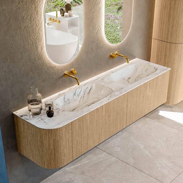 Mondiaz KURVE-DLUX 175cm badmeubel met module 25 L kleur Oak met 2 lades en 1 deur. Wastafel STOR SMALL dubbel rechts zonder kraangat kleur Glace. KRVSTS175L2L1D0KD-Oak Gla