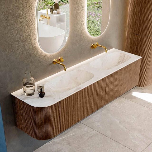 Mondiaz KURVE-DLUX 175cm badmeubel met module 25 L kleur Walnut met 2 lades en 1 deur. Wastafel STOR SMALL dubbel rechts zonder kraangat kleur Frappe. KRVSTS175L2L1D0KD-Wal Fra