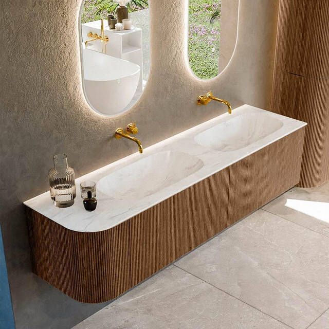 Mondiaz KURVE-DLUX 175cm badmeubel met module 25 L kleur Walnut met 2 lades en 1 deur. Wastafel STOR SMALL dubbel rechts zonder kraangat kleur Ostra. KRVSTS175L2L1D0KD-Wal Ost