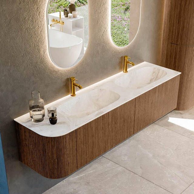 Mondiaz KURVE-DLUX 175cm badmeubel met module 25 L kleur Walnut met 2 lades en 1 deur. Wastafel STOR SMALL dubbel rechts 2 kraangaten kleur Frappe. KRVSTS175L2L1D2KD-Wal Fra