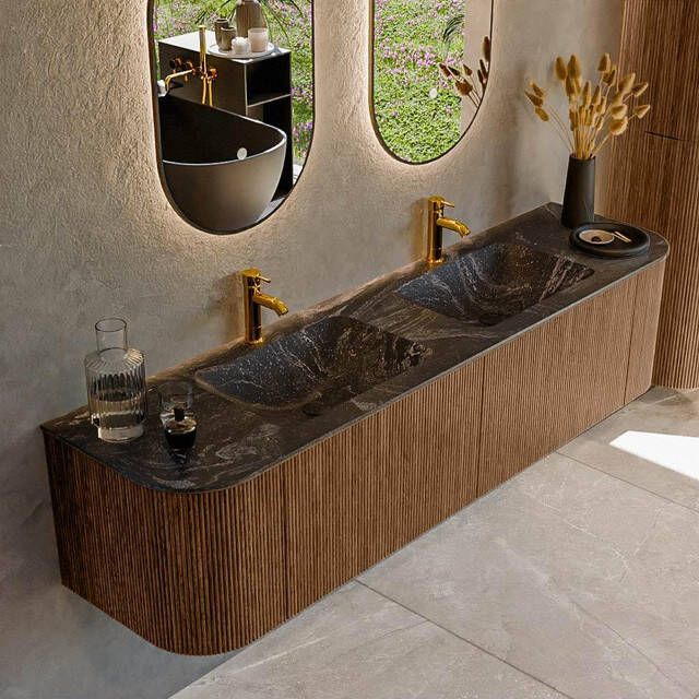Mondiaz KURVE-DLUX 180cm badmeubel met module 25 Len R kleur Walnut met 2 lades en 2 deuren. Wastafel LEAF dubbel 2 kraangaten kleur Lava. KRVLEA180L+R2L2D2KD-Wal Lav