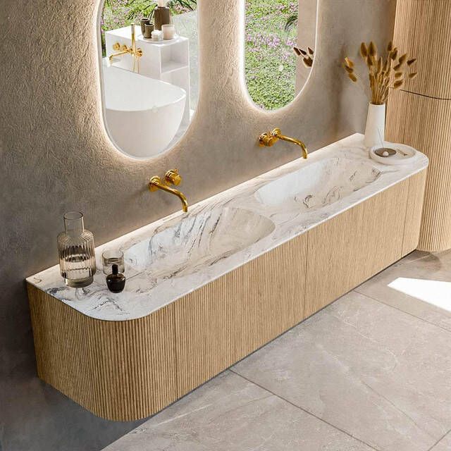 Mondiaz KURVE-DLUX 190cm badmeubel met module 25 Len R kleur Oak met 2 lades en 2 deuren. Wastafel STOR SMALL dubbel zonder kraangat kleur Glace. KRVSTS190L+R2L2D0KD-Oak Gla