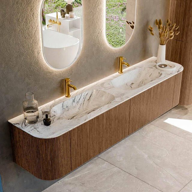 Mondiaz KURVE-DLUX 200cm badmeubel met module 25 Len R kleur Walnut met 2 lades en 2 deuren. Wastafel STOR SMALL dubbel 2 kraangaten kleur Glace. KRVSTS200L+R2L2D2KD-Wal Gla