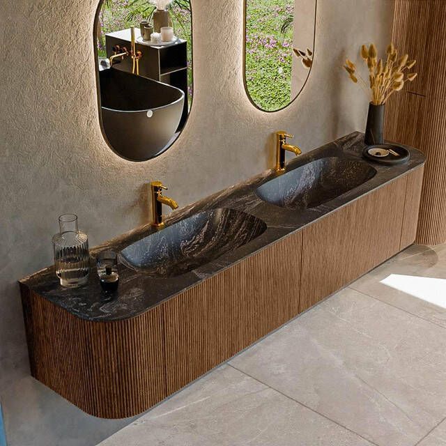 Mondiaz KURVE-DLUX 200cm badmeubel met module 25 Len R kleur Walnut met 2 lades en 2 deuren. Wastafel STOR SMALL dubbel 2 kraangaten kleur Lava. KRVSTS200L+R2L2D2KD-Wal Lav