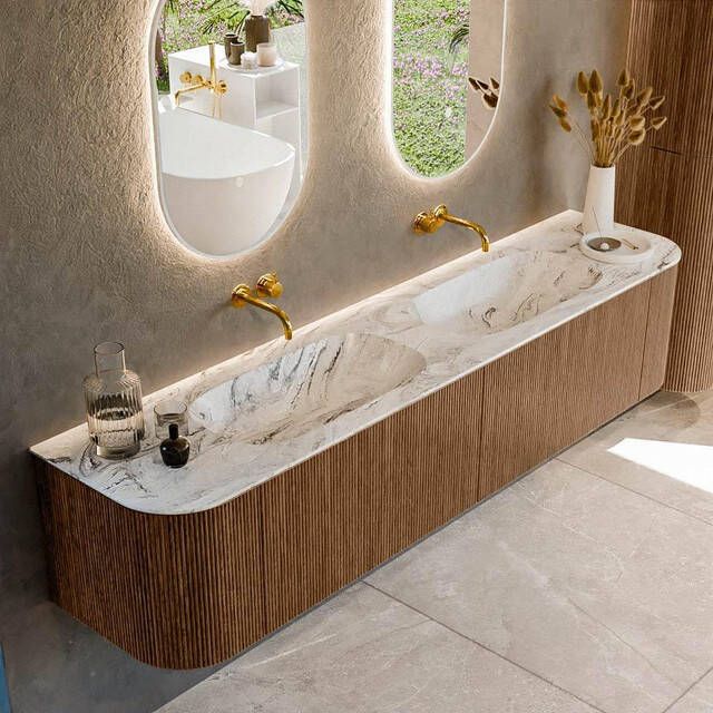 Mondiaz KURVE-DLUX 200cm badmeubel met module 25 Len R kleur Walnut met 2 lades en 2 deuren. Wastafel STOR SMALL dubbel zonder kraangat kleur Glace. KRVSTS200L+R2L2D0KD-Wal Gla