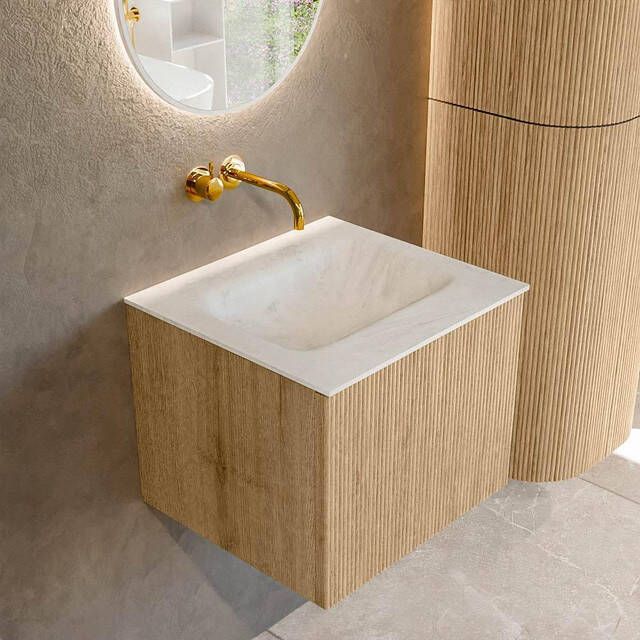 Mondiaz KURVE-DLUX 50 cm Onderkast Greeploos 1 Lade Zonder Deuren Oak Wastafel Solid Surface Midden Opalo 0 Kraangaten Zonder Spiegel (KRVGRU501L0D0KM-Oak Opa)