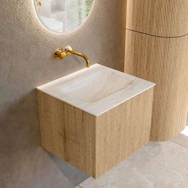 Mondiaz KURVE-DLUX 50 cm Onderkast Greeploos 1 Lade Zonder Deuren Oak Wastafel Solid Surface Midden Ostra 0 Kraangaten Zonder Spiegel (KRVGRU501L0D0KM-Oak Ost)