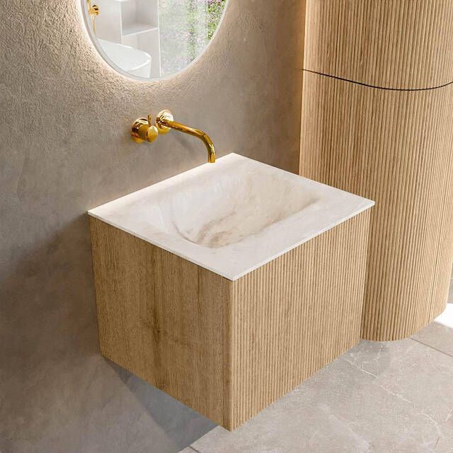 Mondiaz KURVE-DLUX 50 cm Onderkast Greeploos 1 Lade Zonder Deuren Oak Wastafel Solid Surface Midden Frappe 0 Kraangaten Zonder Spiegel (KRVGRU501L0D0KM-Oak Fra)