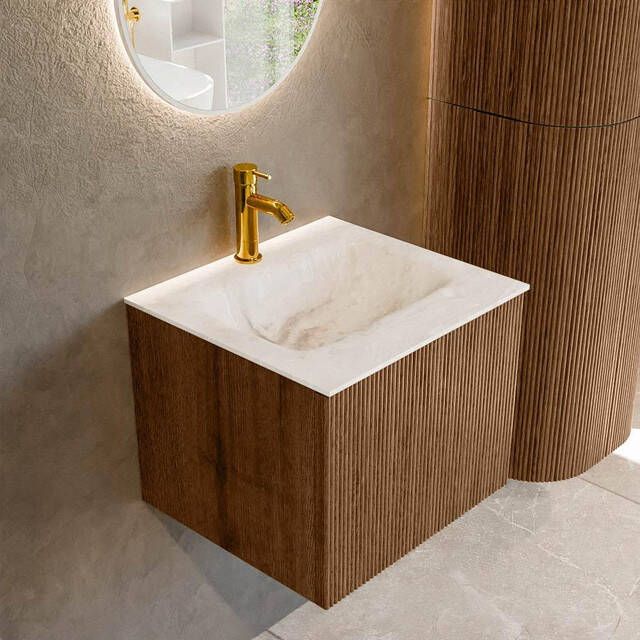 Mondiaz KURVE-DLUX 50 cm Onderkast Greeploos 1 Lade Zonder Deuren Walnut Wastafel Solid Surface Midden Frappe 1 Kraangat Zonder Spiegel (KRVGRU501L0D1KM-Wal Fra)