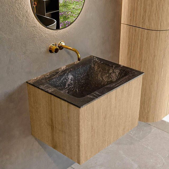 Mondiaz KURVE-DLUX 60 cm Onderkast Greeploos 1 Lade Zonder Deuren Oak Wastafel Solid Surface Midden Lava 0 Kraangaten Zonder Spiegel (KRVCLO601L0D0KM-Oak Lav)