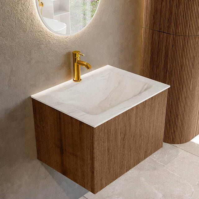 Mondiaz KURVE-DLUX 60 cm Onderkast Greeploos 1 Lade Zonder Deuren Walnut Wastafel Solid Surface Midden Ostra 1 Kraangat Zonder Spiegel (KRVCLO601L0D1KM-Wal Ost)