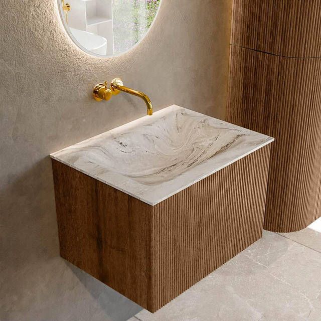 Mondiaz KURVE-DLUX 60 cm Onderkast Greeploos 1 Lade Zonder Deuren Walnut Wastafel Solid Surface Midden Glace 0 Kraangaten Zonder Spiegel (KRVCLO601L0D0KM-Wal Gla)