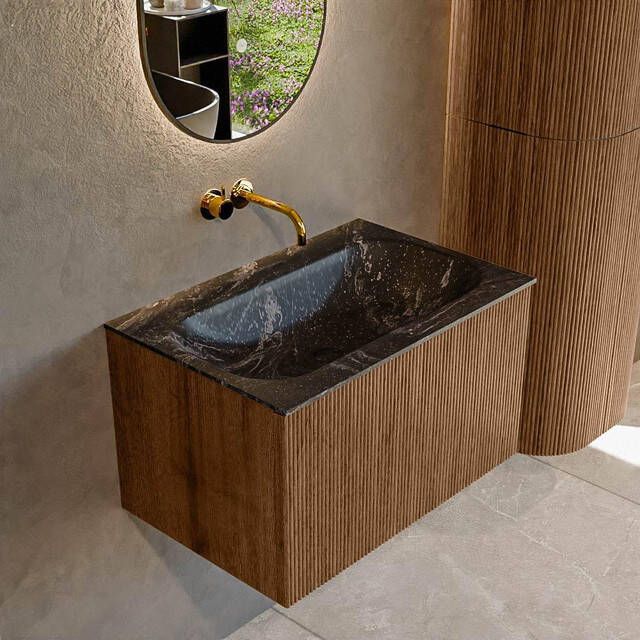 Mondiaz KURVE-DLUX 70 cm Onderkast Greeploos 1 Lade Zonder Deuren Walnut Wastafel Solid Surface Volledig Lava 0 Kraangaten Zonder Spiegel (KRVBGS701L0D0KM-Wal Lav)