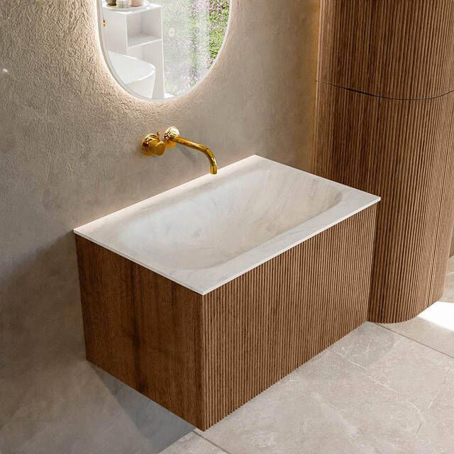 Mondiaz KURVE-DLUX 70 cm Onderkast Greeploos 1 Lade Zonder Deuren Walnut Wastafel Solid Surface Volledig Opalo 0 Kraangaten Zonder Spiegel (KRVBGS701L0D0KM-Wal Opa)