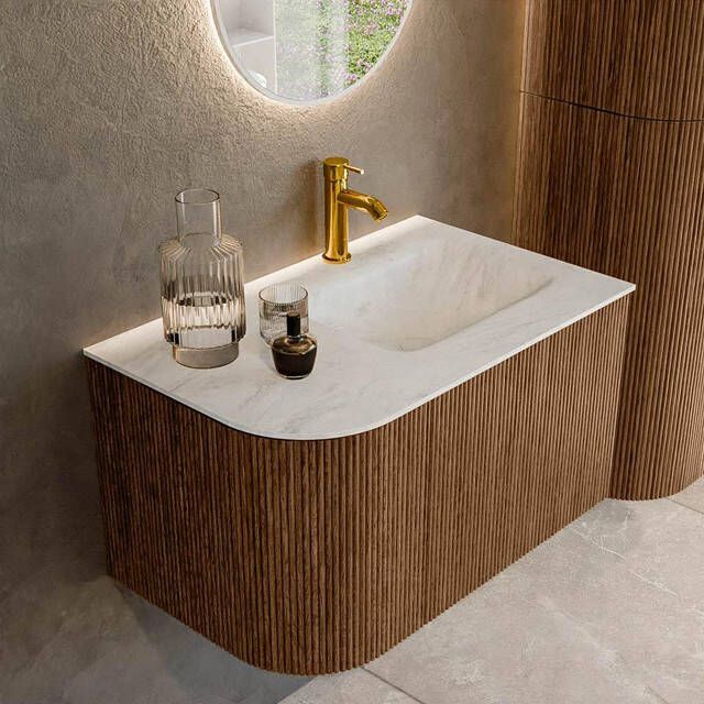 Mondiaz KURVE-DLUX 75 cm Onderkast Greeploos 1 Lade Met Deuren Walnut Wastafel Solid Surface Rechts Opalo 1 Kraangat Zonder Spiegel (KRVGRU75L1L1D1KR-Wal Opa)