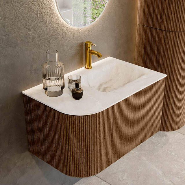 Mondiaz KURVE-DLUX 75 cm Onderkast Greeploos 1 Lade Met Deuren Walnut Wastafel Solid Surface Rechts Frappe 1 Kraangat Zonder Spiegel (KRVGRU75L1L1D1KR-Wal Fra)