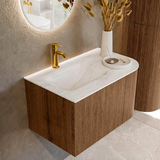 Mondiaz KURVE-DLUX 75 cm Onderkast Greeploos 1 Lade Met Deuren Walnut Wastafel Solid Surface Links Ostra 1 Kraangat Zonder Spiegel (KRVGRU75R1L1D1KL-Wal Ost)
