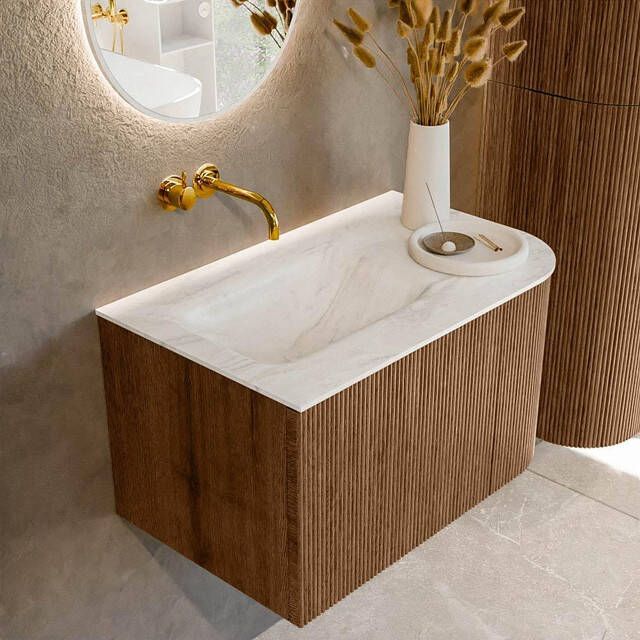 Mondiaz KURVE-DLUX 75cm badmeubel met module 25 R kleur Walnut met 1 lade en 1 deur. Wastafel GRUNNE links zonder kraangat kleur Ostra. KRVGRU75R1L1D0KL-Wal Ost