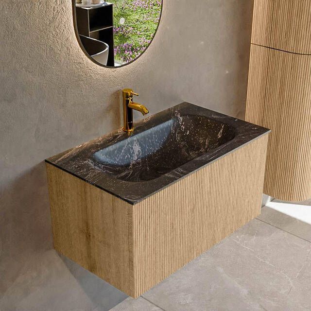 Mondiaz KURVE-DLUX 80 cm Onderkast Greeploos 1 Lade Zonder Deuren Oak Wastafel Solid Surface Volledig Lava 1 Kraangat Zonder Spiegel (KRVBGS801L0D1KM-Oak Lav)