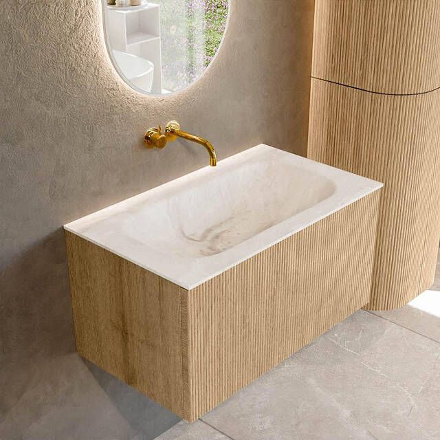 Mondiaz KURVE-DLUX 80 cm Onderkast Greeploos 1 Lade Zonder Deuren Oak Wastafel Solid Surface Volledig Frappe 0 Kraangaten Zonder Spiegel (KRVBGS801L0D0KM-Oak Fra)