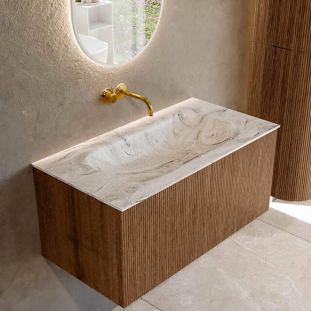 Mondiaz KURVE-DLUX 90 cm Onderkast Greeploos 1 Lade Zonder Deuren Walnut Wastafel Solid Surface Midden Glace 0 Kraangaten Zonder Spiegel (KRVBGS901L0D0KM-Wal Gla)