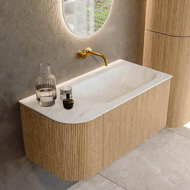 Mondiaz KURVE-DLUX 95cm badmeubel met module 25 L kleur Oak met 1 lade en 1 deur. Wastafel BIG SMALL rechts zonder kraangat kleur Opalo. KRVBGS95L1L1D0KR-Oak Opa