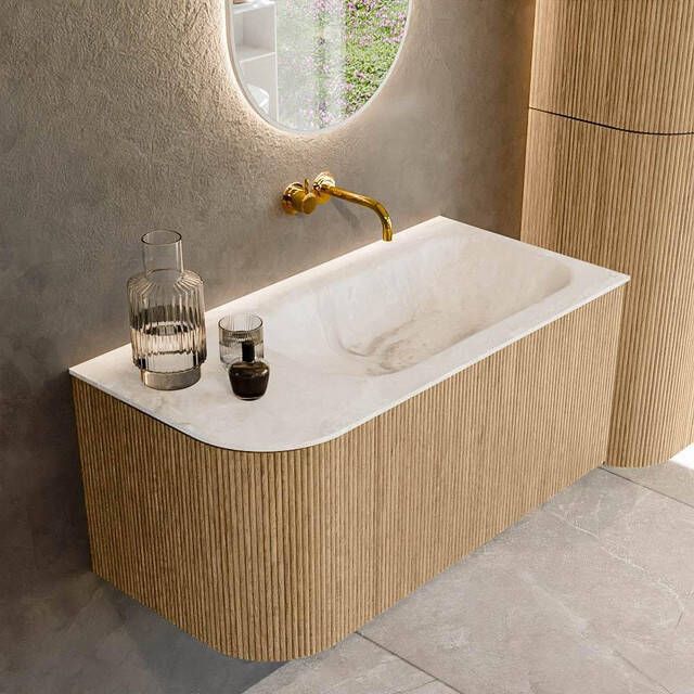 Mondiaz KURVE-DLUX 95cm badmeubel met module 25 L kleur Oak met 1 lade en 1 deur. Wastafel BIG SMALL rechts zonder kraangat kleur Frappe. KRVBGS95L1L1D0KR-Oak Fra