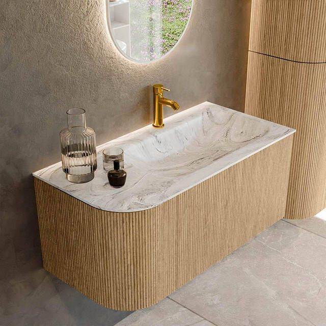 Mondiaz KURVE-DLUX 95cm badmeubel met module 25 L kleur Oak met 1 lade en 1 deur. Wastafel BIG SMALL rechts 1 kraangat kleur Glace. KRVBGS95L1L1D1KR-Oak Gla
