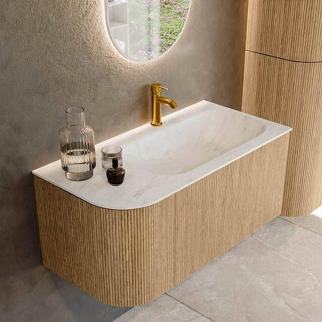 Mondiaz KURVE-DLUX 95cm badmeubel met module 25 L kleur Oak met 1 lade en 1 deur. Wastafel BIG SMALL rechts 1 kraangat kleur Opalo. KRVBGS95L1L1D1KR-Oak Opa