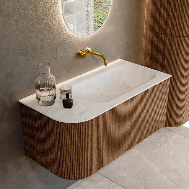 Mondiaz KURVE-DLUX 95cm badmeubel met module 25 L kleur Walnut met 1 lade en 1 deur. Wastafel BIG SMALL rechts zonder kraangat kleur Opalo. KRVBGS95L1L1D0KR-Wal Opa