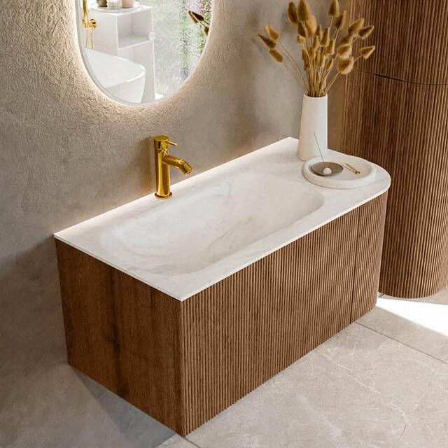 Mondiaz KURVE-DLUX 95cm badmeubel met module 25 R kleur Walnut met 1 lade en 1 deur. Wastafel BIG SMALL links 1 kraangat kleur Ostra. KRVBGS95R1L1D1KL-Wal Ost