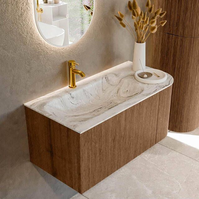 Mondiaz KURVE-DLUX 95cm badmeubel met module 25 R kleur Walnut met 1 lade en 1 deur. Wastafel BIG SMALL links 1 kraangat kleur Glace. KRVBGS95R1L1D1KL-Wal Gla