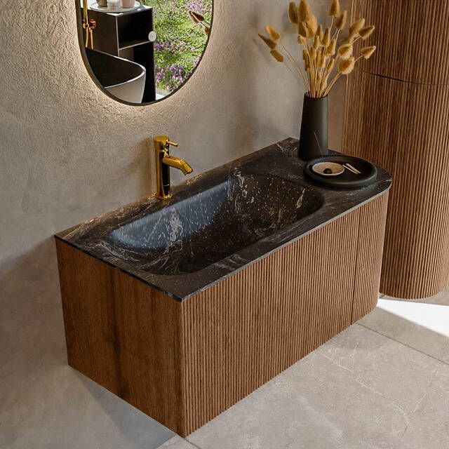Mondiaz KURVE-DLUX 95cm badmeubel met module 25 R kleur Walnut met 1 lade en 1 deur. Wastafel BIG SMALL links 1 kraangat kleur Lava. KRVBGS95R1L1D1KL-Wal Lav