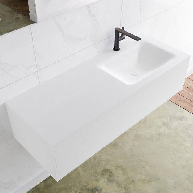 Douche Concurrent Badkamermeubel Lagom Hangend 120x30x45cm Wit Glans Solid Surface Wastafel Cloud 1 Kraangat Rechts met 1 Lade