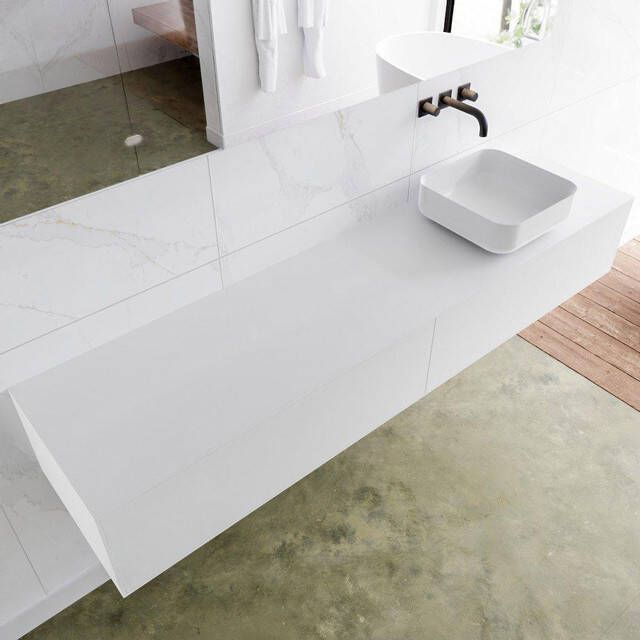 Mondiaz LAGOM Badkamermeubelset 90cm 2 lades waskom Binx wasbak rechts 0 kraangaten Solid surface talc M64189TAM0M49903R