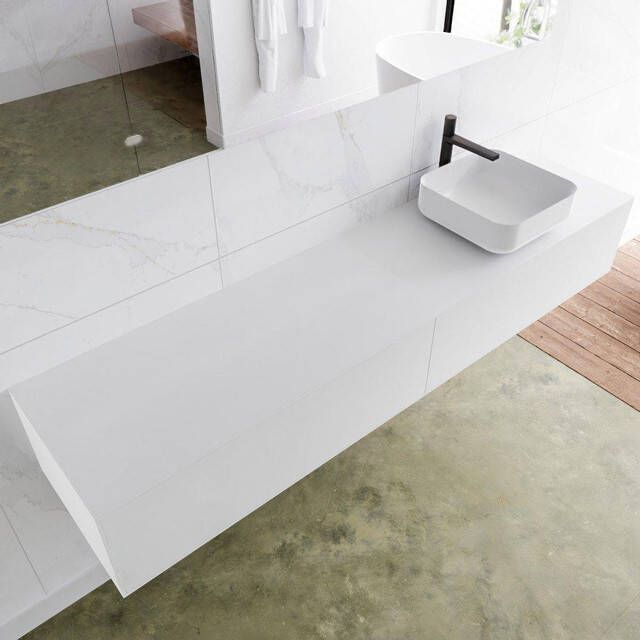 Mondiaz LAGOM Badkamermeubelset 90cm 2 lades waskom Binx wasbak rechts 1 kraangat Solid surface talc M64189TAM1M49903R