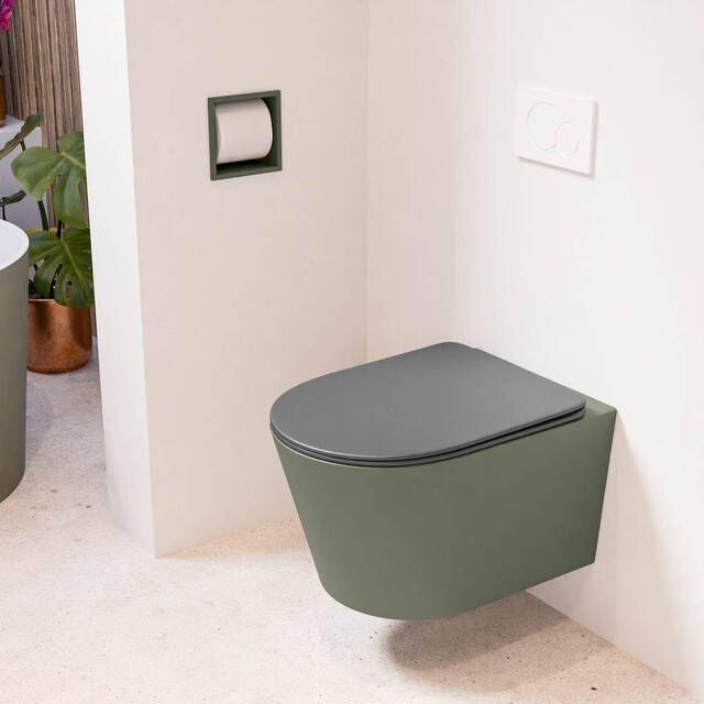 Mondiaz LAVIE wandclosetpack 36x53cm diepspoel rimless Army (groen) softclose quick-release toiletzitting Dark grey (grijs) LAVIEsetArmDgr