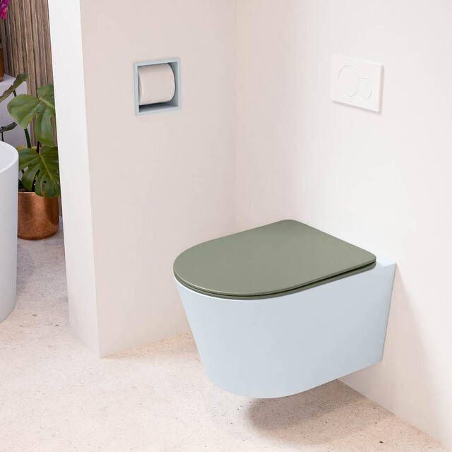 Mondiaz LAVIE wandclosetpack 36x53cm diepspoel rimless clay (blauw) softclose quick-release toiletzitting Army (groen) LAVIEsetClaArm