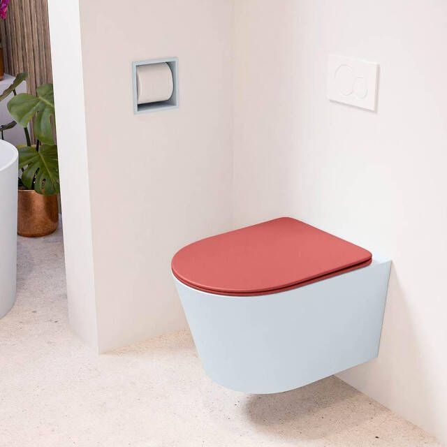 Mondiaz LAVIE wandclosetpack 36x53cm diepspoel rimless clay (blauw) softclose quick-release toiletzitting Fire (rood) LAVIEsetClaFir