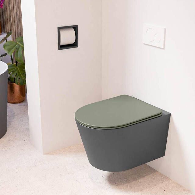 Mondiaz LAVIE wandclosetpack 36x53cm diepspoel rimless Dark grey (grijs) softclose quick-release toiletzitting Army (groen) LAVIEsetDgrArm