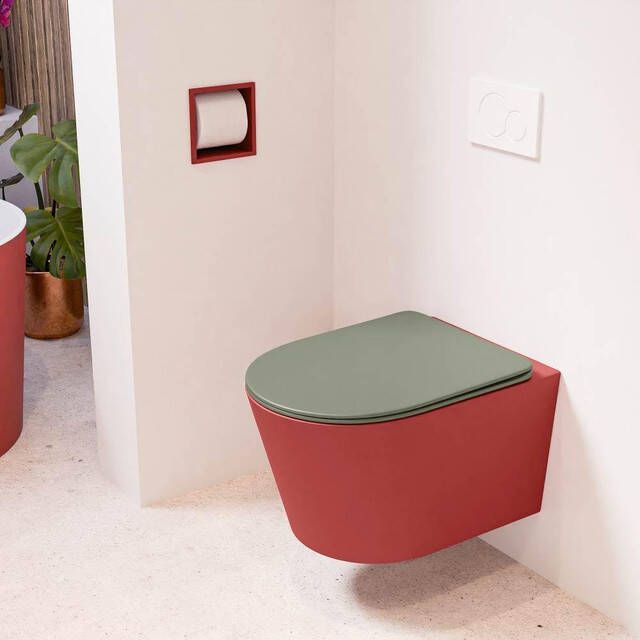 Mondiaz LAVIE wandclosetpack 36x53cm diepspoel rimless Fire (rood) softclose quick-release toiletzitting Army (groen) LAVIEsetFirArm