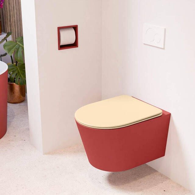 Mondiaz LAVIE wandclosetpack 36x53cm diepspoel rimless Fire (rood) softclose quick-release toiletzitting Sand (bruin) LAVIEsetFirSan