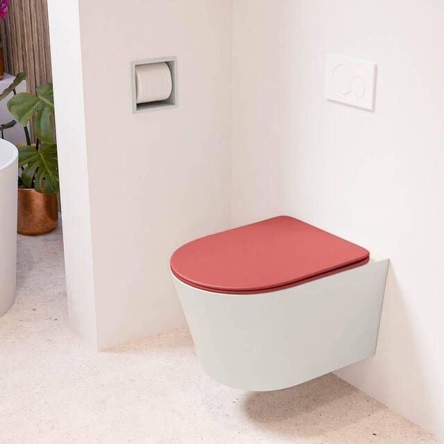 Mondiaz LAVIE wandclosetpack 36x53cm diepspoel rimless Linen (offwhite) softclose quick-release toiletzitting Fire (rood) LAVIEsetLinFir