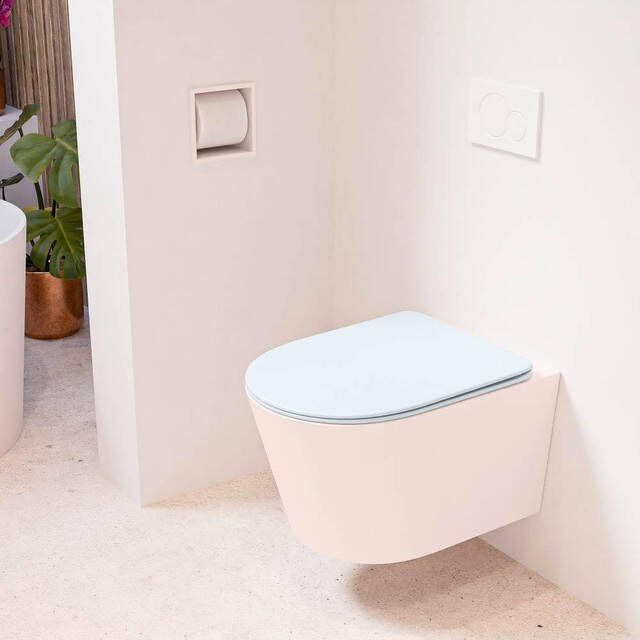 Mondiaz LAVIE wandclosetpack 36x53cm diepspoel rimless Rosee (roze) softclose quick-release toiletzitting clay (blauw) LAVIEsetRosCla